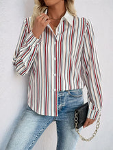 Load image into Gallery viewer, Perfee Contrast Striped Collared Neck Long Sleeve Shirt