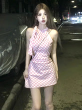 Load image into Gallery viewer, Pink Plaid Bow Halter Dress