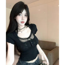 Load image into Gallery viewer, Elegant V-neck Lace Splicing Short Sleeve T-shirt Fake Two-piece Fitted Top