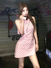 Load image into Gallery viewer, Pink Plaid Bow Halter Dress