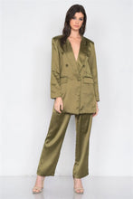 Load image into Gallery viewer, Olive Silk Boyfriend Blazer & Chic High-Waist Pleated Ankle Pant Set