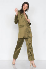 Load image into Gallery viewer, Olive Silk Boyfriend Blazer & Chic High-Waist Pleated Ankle Pant Set