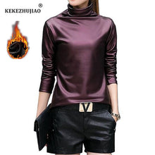 Load image into Gallery viewer, Plus Size Women Pu Turtleneck Blouse Metallic Long Sleeve faux leather Wet Look shirts op Ladies - foxberryparkproducts