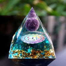Load image into Gallery viewer, HANDMADE OHM AMETHYST SPHERE BLUE QUARTZ ORGONE PYRAMID 60MM - foxberryparkproducts