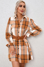 Load image into Gallery viewer, Plaid Collared Neck Flounce Sleeve Shirt Dress
