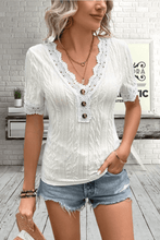 Load image into Gallery viewer, Buttoned V-Neck Lace Trim T-Shirt