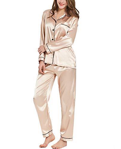 SWOMOG Womens Silk Satin Pajamas Set Long Sleeve Sleepwear Soft Button Down  Loungewear 2 Piece Lace Pj