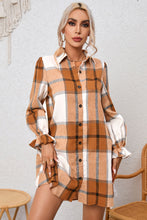 Load image into Gallery viewer, Plaid Collared Neck Flounce Sleeve Shirt Dress