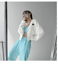 Load image into Gallery viewer, Short Long Sleeve Waffle Loose Hooded Sweatshirt - foxberryparkproducts