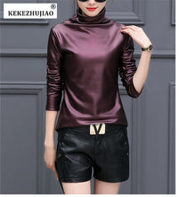 Load image into Gallery viewer, Plus Size Women Pu Turtleneck Blouse Metallic Long Sleeve faux leather Wet Look shirts op Ladies - foxberryparkproducts