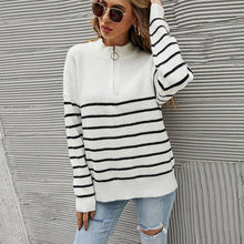 Load image into Gallery viewer, Half High Neck Zipper Striped Pullover Sweater - foxberryparkproducts