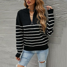 Load image into Gallery viewer, Half High Neck Zipper Striped Pullover Sweater - foxberryparkproducts