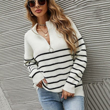 Load image into Gallery viewer, Half High Neck Zipper Striped Pullover Sweater - foxberryparkproducts