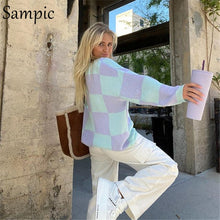 Load image into Gallery viewer, Large Plaid Knitted Women's Sweater New Korean Version Loose Medium Length Garden Collar Long Sleeve Knitted Cardigan