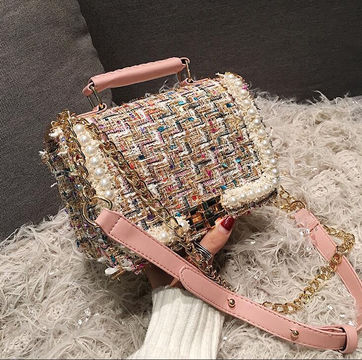 Fashion New Female Square Tote bag Quality Woolen Pearl Women&