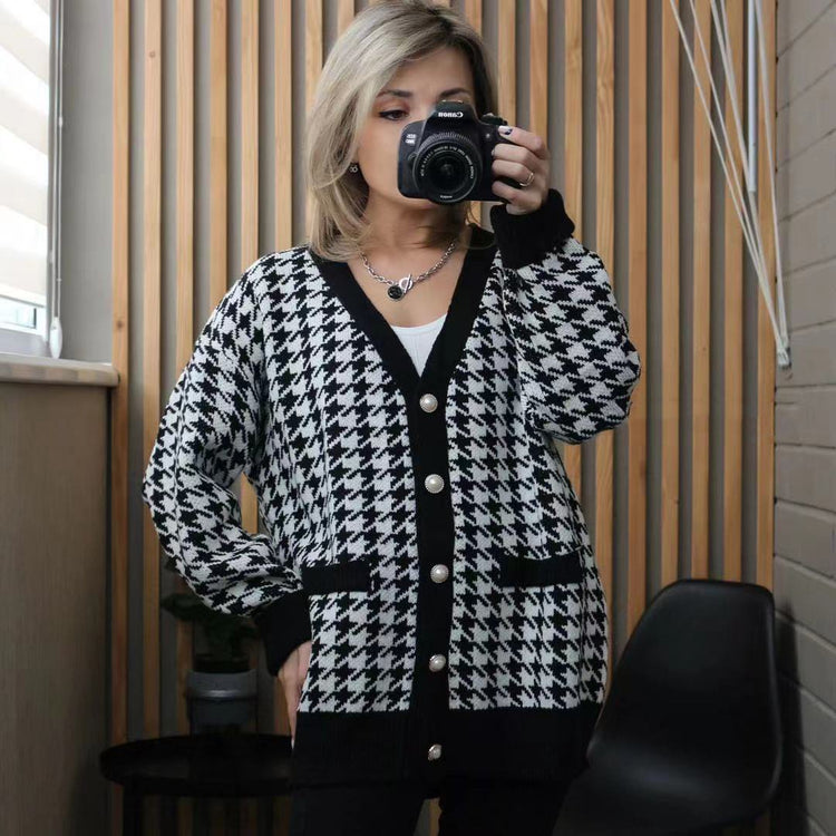 Women Button Black Houndstooth Cardigan - foxberryparkproducts