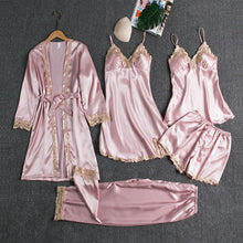 Load image into Gallery viewer, 5PCS Sleepwear Female Pajamas Set Satin Pyjamamas Sexy Lace Patchwork - foxberryparkproducts