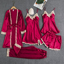 Load image into Gallery viewer, 5PCS Sleepwear Female Pajamas Set Satin Pyjamamas Sexy Lace Patchwork - foxberryparkproducts