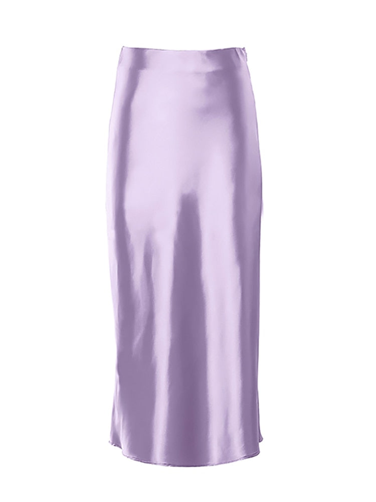 Solid Purple Satin Silk Skirt Women High Waisted Summer Long Skirt - foxberryparkproducts