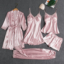Load image into Gallery viewer, 5PCS Sleepwear Female Pajamas Set Satin Pyjamamas Sexy Lace Patchwork - foxberryparkproducts