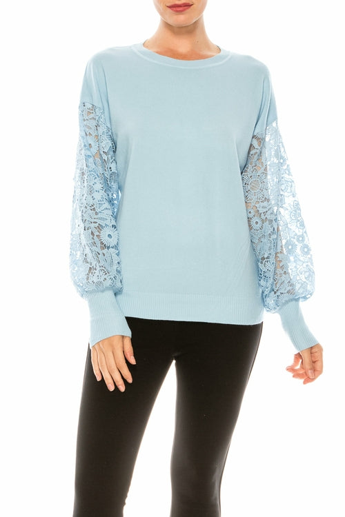 Sioni Crew Neck Lace Puff Sleeve Knit Top (More Colors) - foxberryparkproducts