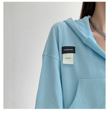 Load image into Gallery viewer, Short Long Sleeve Waffle Loose Hooded Sweatshirt - foxberryparkproducts