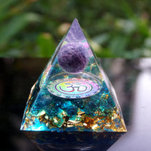 Load image into Gallery viewer, HANDMADE OHM AMETHYST SPHERE BLUE QUARTZ ORGONE PYRAMID 60MM - foxberryparkproducts