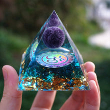 Load image into Gallery viewer, HANDMADE OHM AMETHYST SPHERE BLUE QUARTZ ORGONE PYRAMID 60MM - foxberryparkproducts