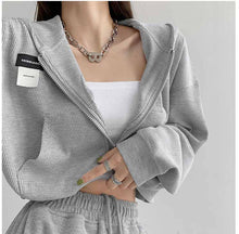 Load image into Gallery viewer, Short Long Sleeve Waffle Loose Hooded Sweatshirt - foxberryparkproducts