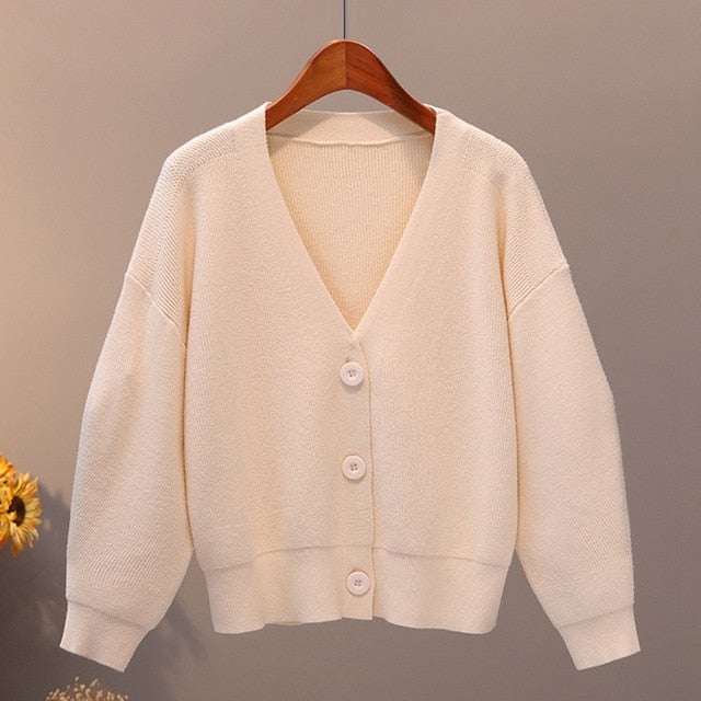 BYGOUBY Solid Knit Cardigans Sweater Women V Neck Loose Pull Sweater With Pocket Autumn Winter Thicken Open Cardigan Jacket Coat - foxberryparkproducts