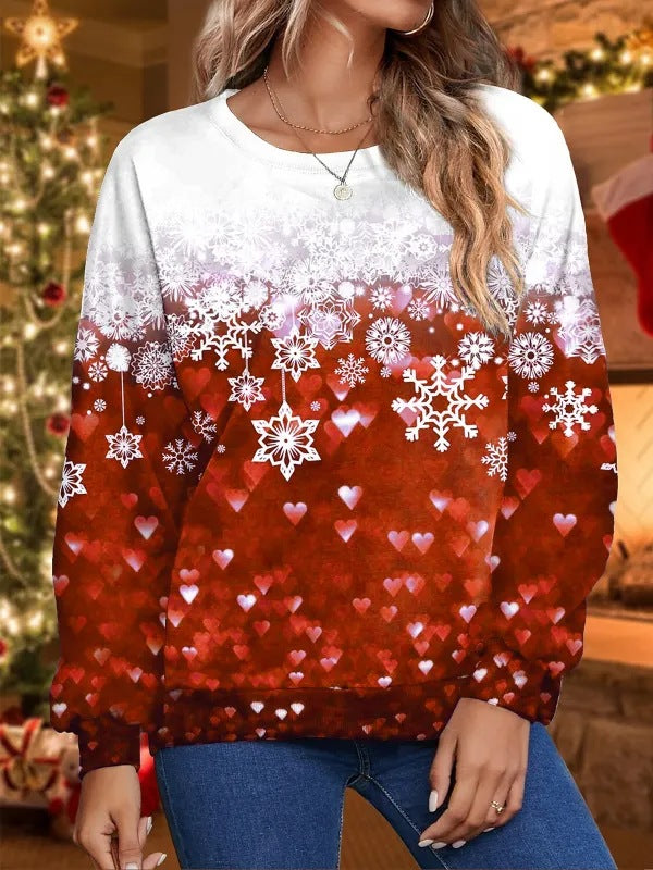 Christmas Snowflake New Printed Women's Loose Casual Round Neck Hoodie