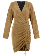 Load image into Gallery viewer, Ruched Heathered Surplice Long Sleeve Mini Dress
