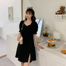Load image into Gallery viewer, Slimming Dress with Elegant Square Neck, Waist-Cinching Slit French Style Black Hepburn A-Line Dress
