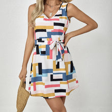 Load image into Gallery viewer, Ladies Off Shoulder V-neck Waistband Vacation Style Contrasting Checkered Print Dress
