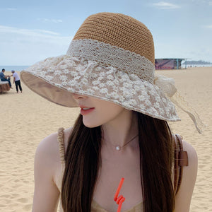 Lace Bow Straw Fisherman Hat