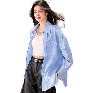 French Lazy Style Stripe Shirt Women Casual Loose Commute Vintage  Style Unique Blouse