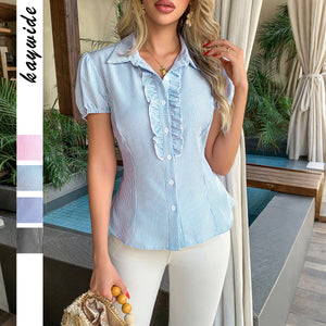 Striped Button Short Sleeve Small Shirt Women's