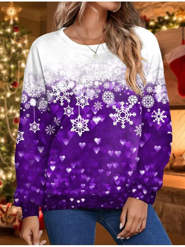 Christmas Snowflake New Printed Women's Loose Casual Round Neck Hoodie