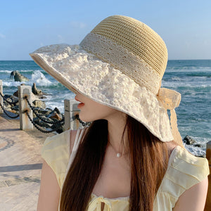 Lace Bow Straw Fisherman Hat