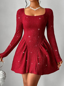 Long sleeved square neck dress sexy dress solid color autumn