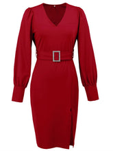 Load image into Gallery viewer, Slit V-Neck Long Sleeve Knee Length Dress
