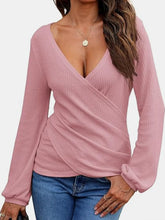Load image into Gallery viewer, Women&#39;s long sleeved wrap top sexy casual waffle knit V-neck shirt solid color
