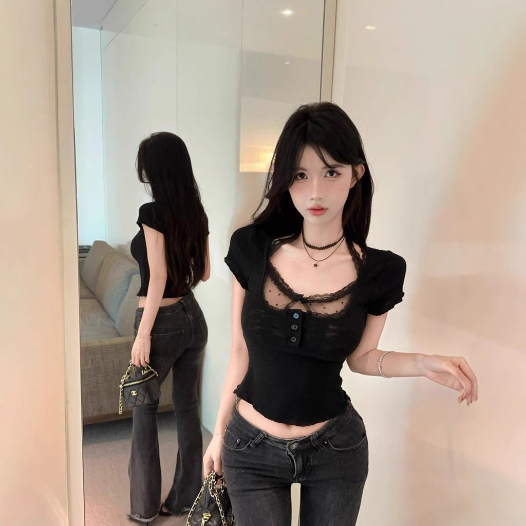 Elegant V-neck Lace Splicing Short Sleeve T-shirt Fake Two-piece Fitted Top