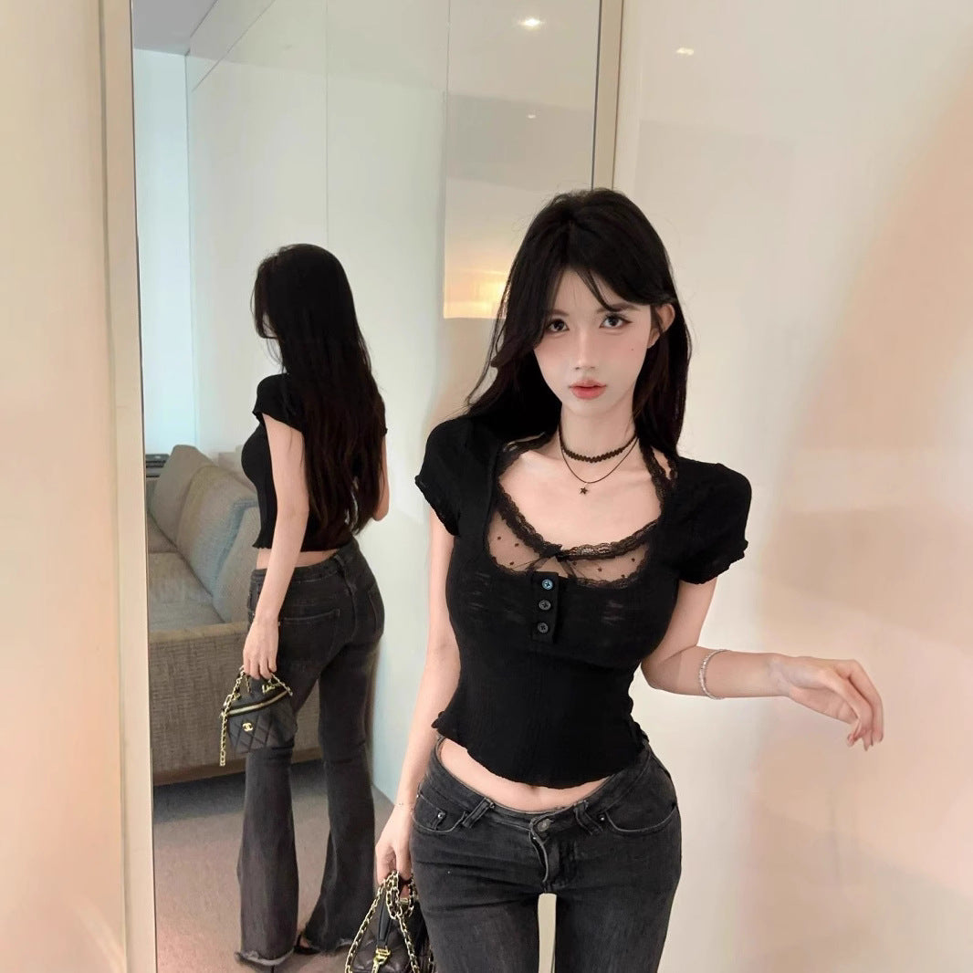 Elegant V-neck Lace Splicing Short Sleeve T-shirt Fake Two-piece Fitted Top
