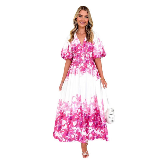 Strap print fairy style medium long style dress with a large swingmen