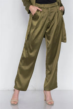 Load image into Gallery viewer, Olive Silk Boyfriend Blazer &amp; Chic High-Waist Pleated Ankle Pant Set
