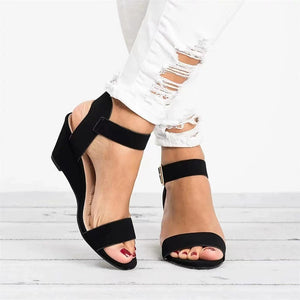 Women's Solid ColorOpen Toe One line Buckle Elevated Slope Heel Sandals