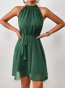 Strapless Solid Color Chiffon High Waist Lace-up Dress Women