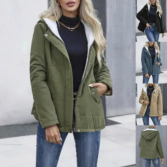 Fleece-lined Hooded Coat Winter Preppy Style Long Sleeve Jacket Warm Pockets Cotton Coat Women&
