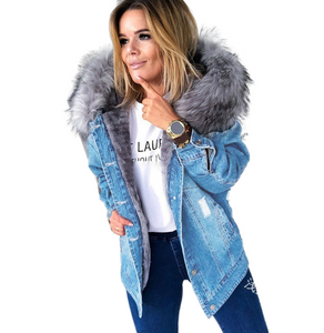 Women's slim fitting cotton jacket and denim jacket with a plush collar
